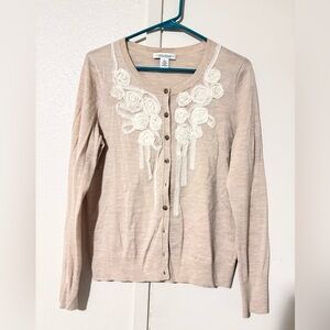 Banana Republic 100% Merino Wool Soft Beige Cardigan W/ White Floral Embroidery